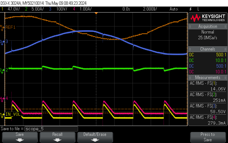 Keysight oscilloscope four-channel capture of thyristor rectifier under resistive load — supply voltage, DC output, and current waveforms