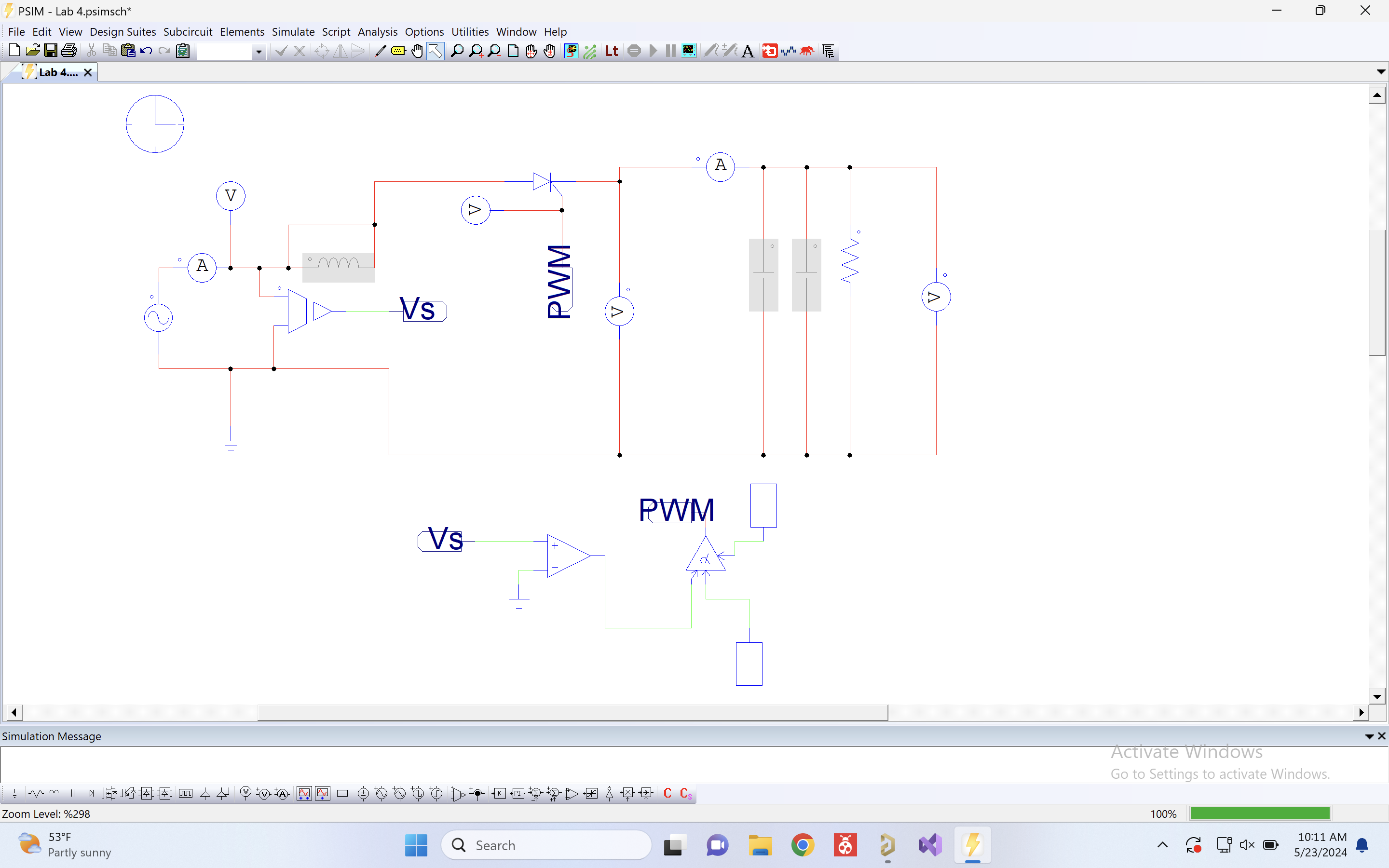 PSIM schematic of single-phase half-wave thyristor rectifier with PWM firing control block and measurement probes