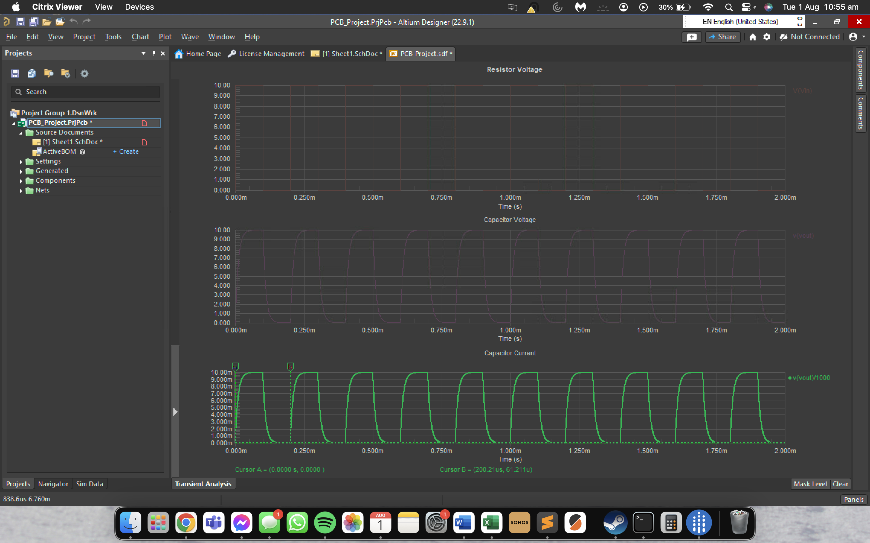Altium Designer transient analysis showing three plots: Resistor Voltage (DC), Capacitor Voltage (oscillating), and Capacitor Current (pulsed waveform)