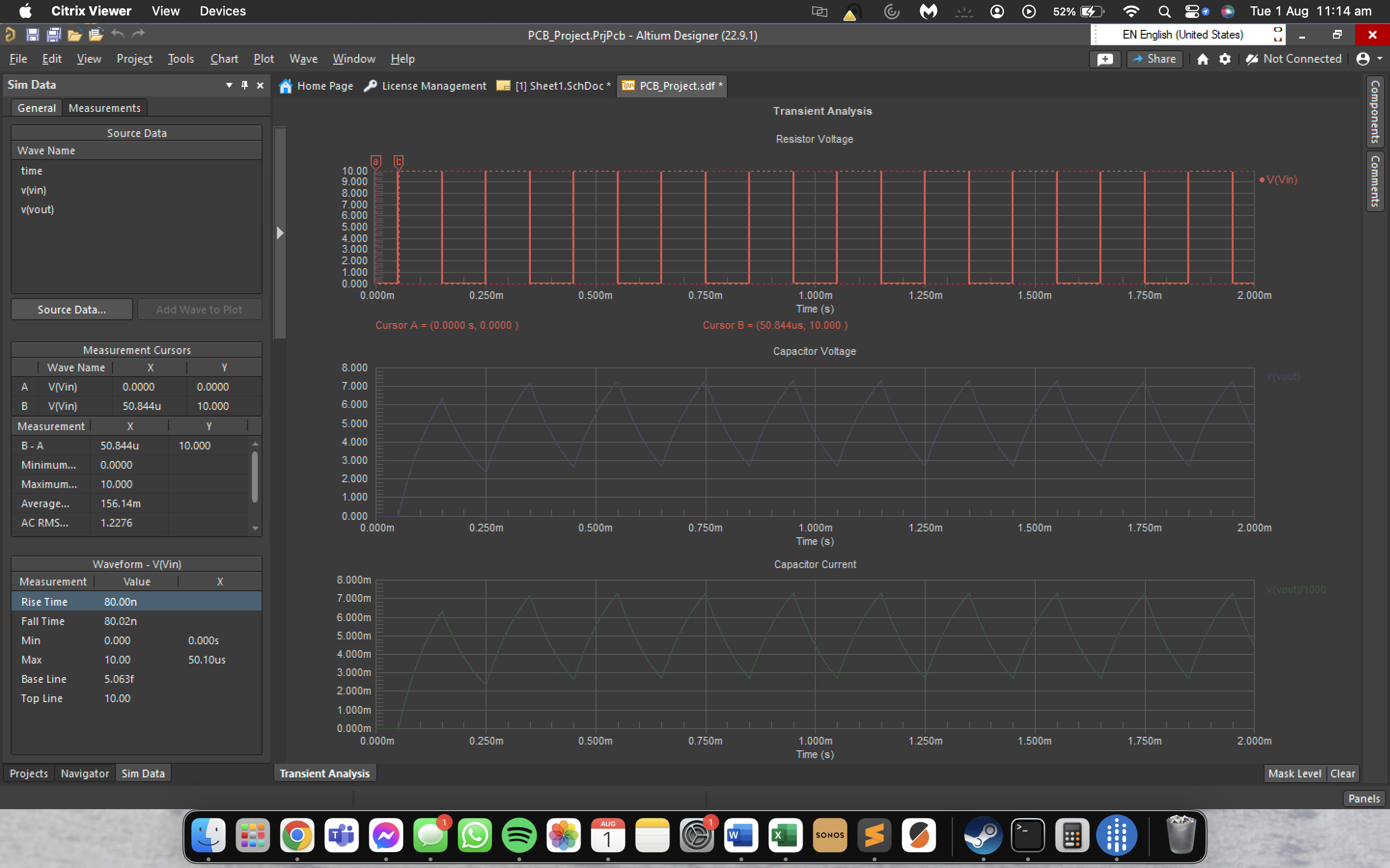 Altium waveform measurement panel showing rise time, peak voltage, and AC RMS statistics